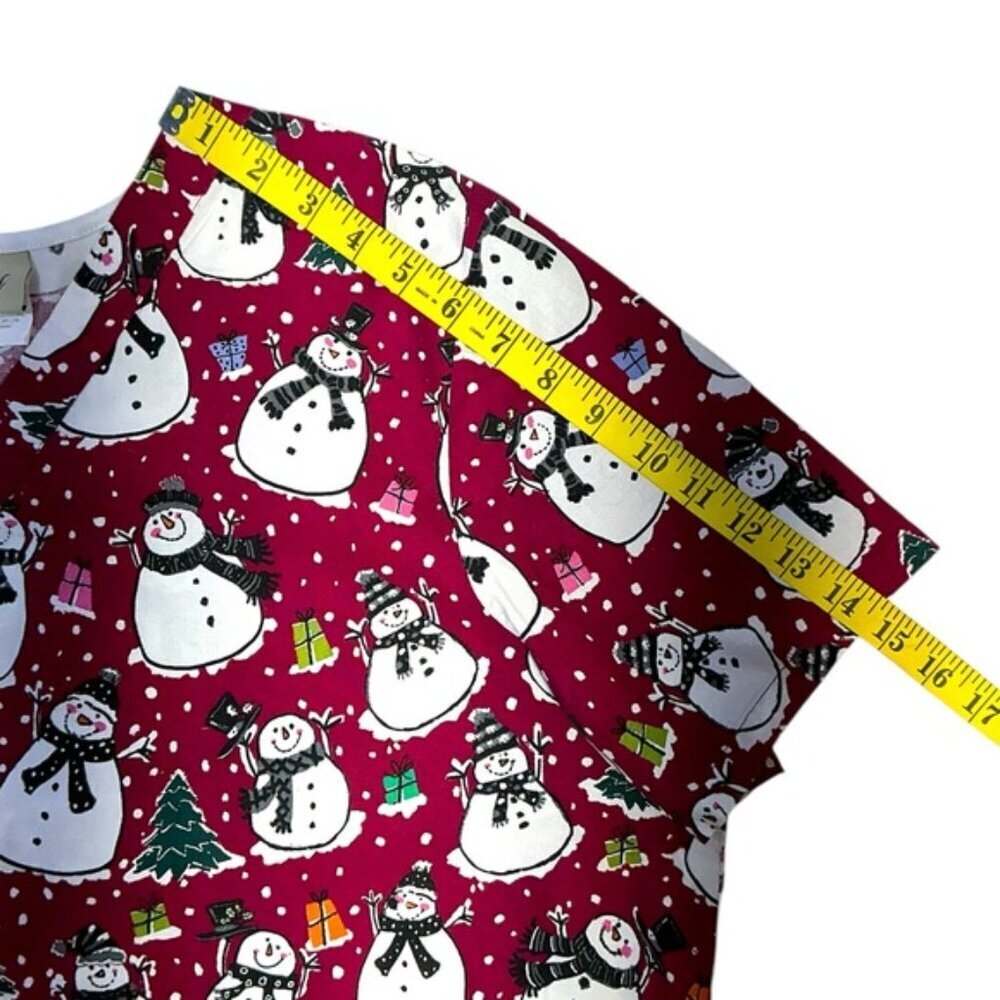 Tafford Scrub Top 100% Cotton Holiday Snowman Christmas Burgundy Red Women XL - Picture 5 of 13